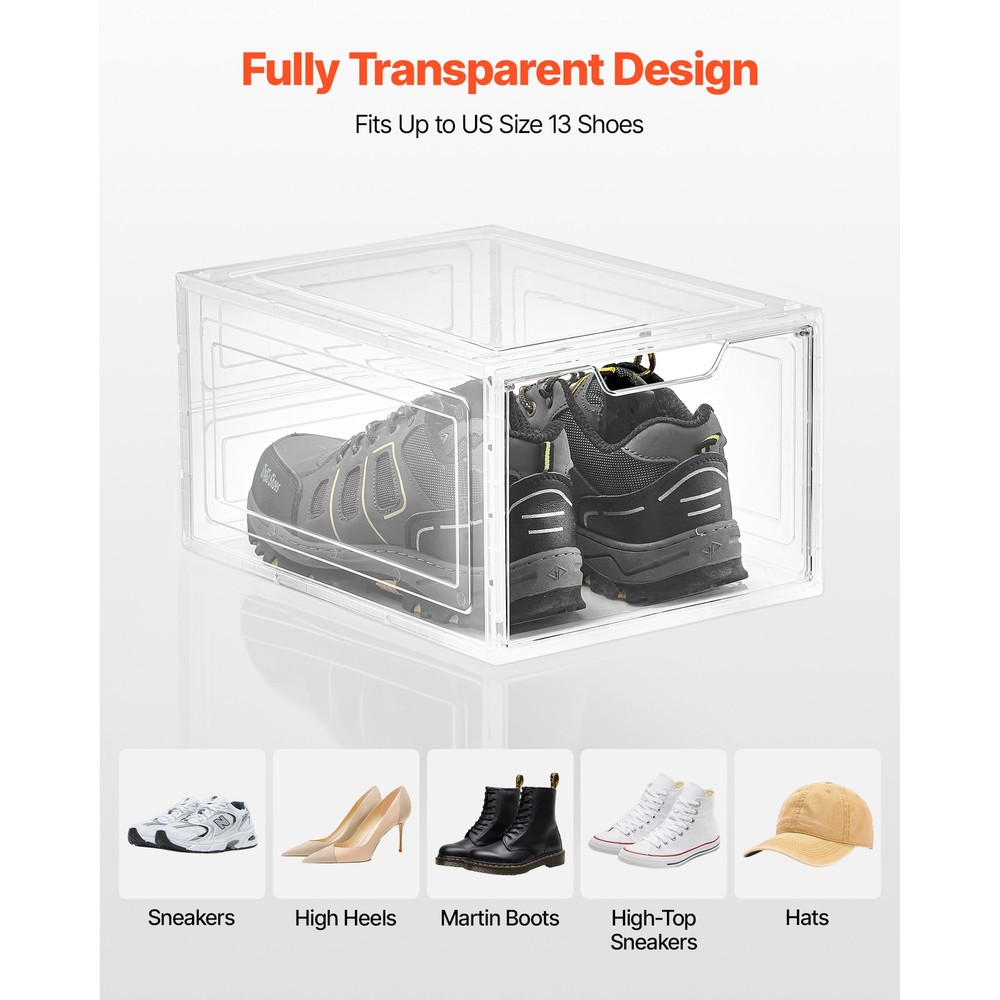 Shoe Storage Boxes 6 Pack Stackable Shoe Boxes US Size 13 Transparent White
