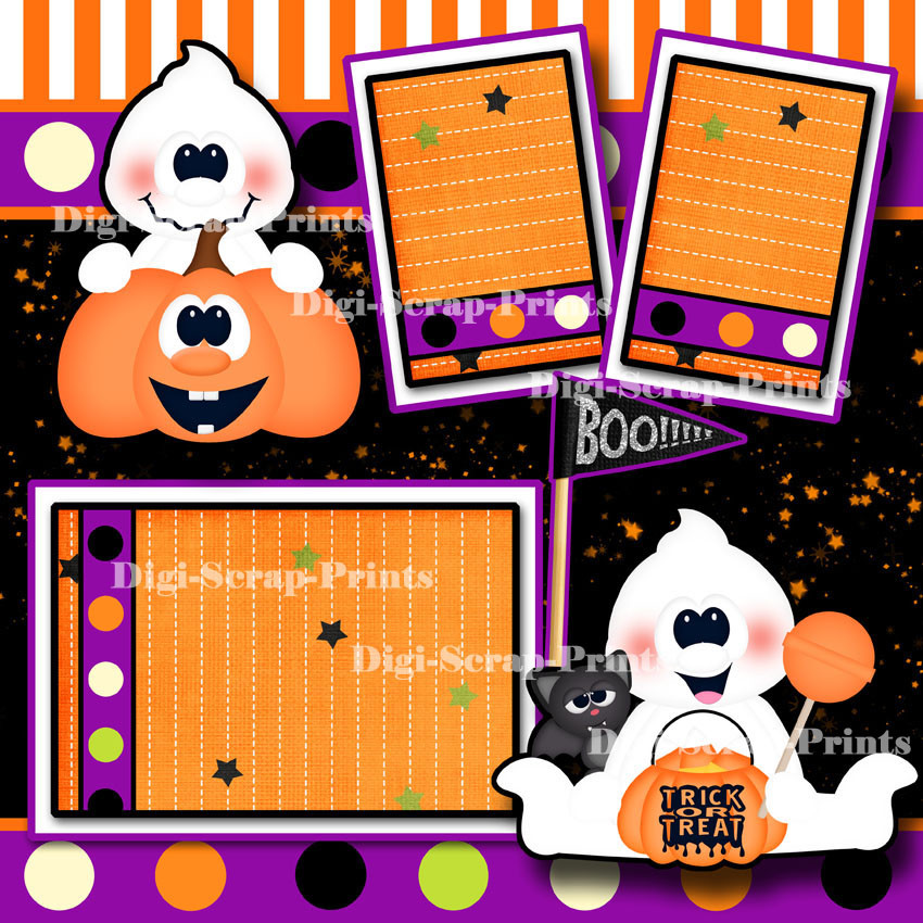 HALLOWEEN GHOST BOO 2 premade scrapbook pages layout paper piecing ~BY DIGISCRAP
