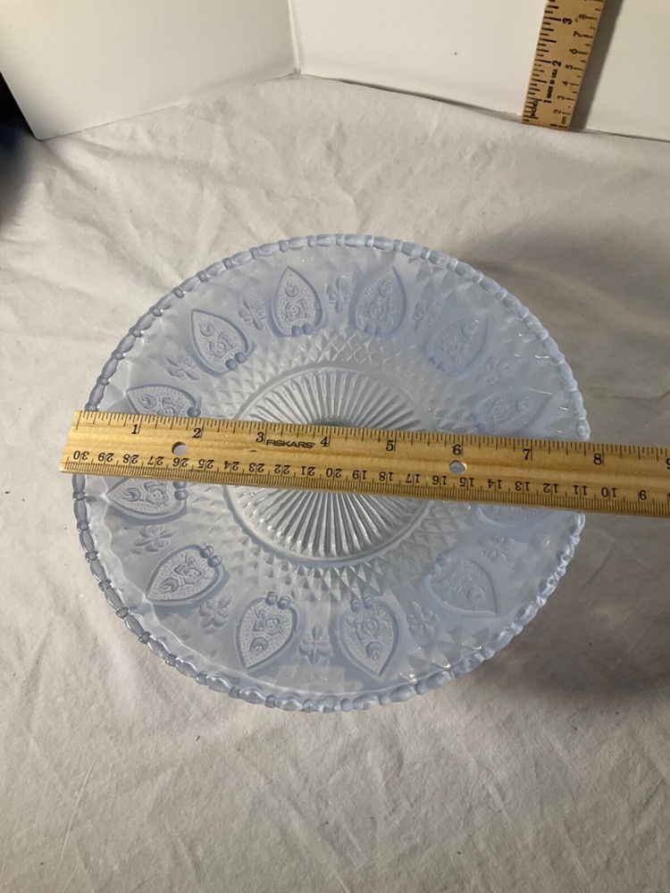 Frosted glass light blue footed cake plate decorative design 8”