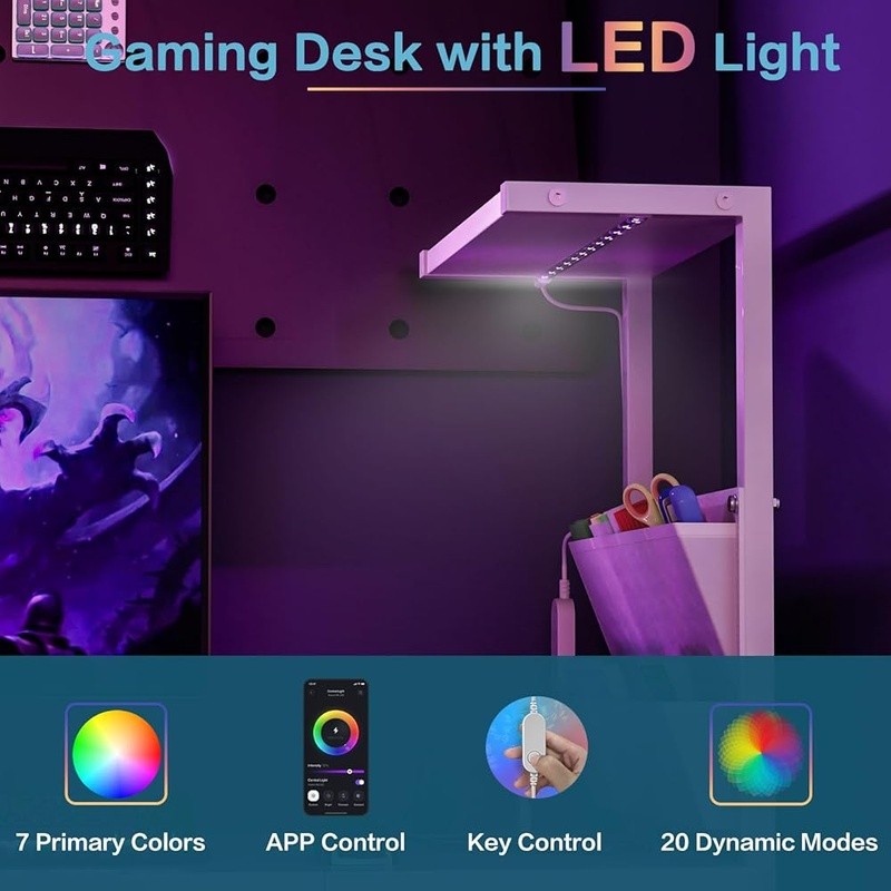 L-Shaped Computer Desk W/ LED Lights Power Strip & Ample Storage Home Office New