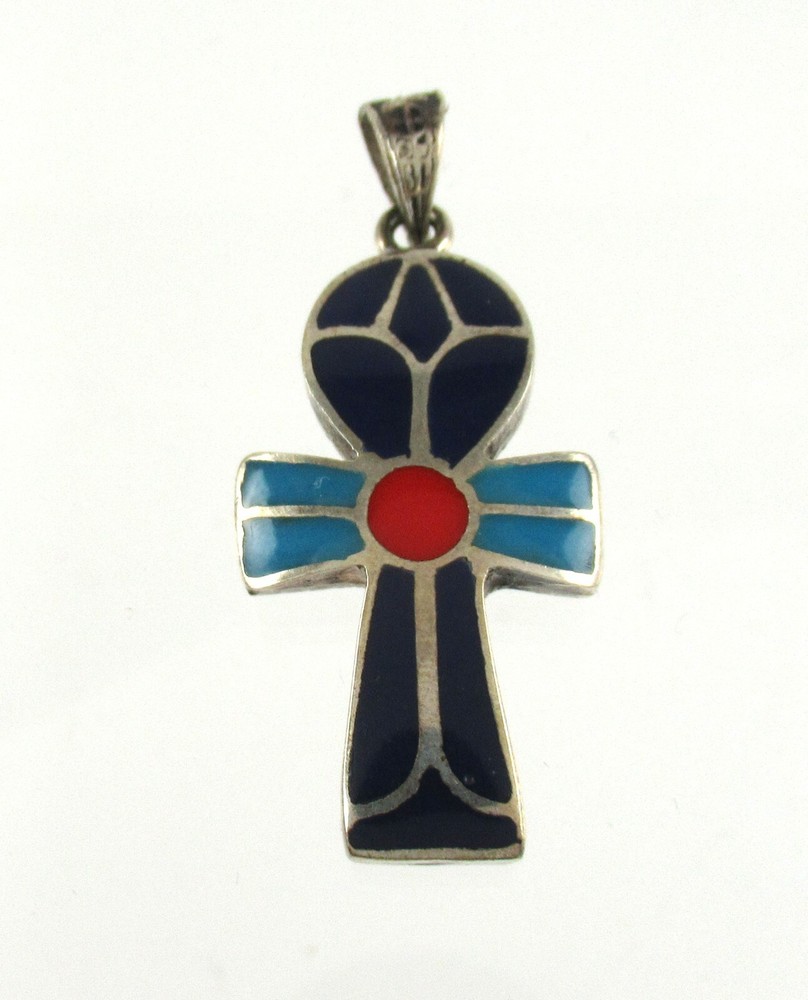 .925 Sterling Silver Ankh Pendant Enameled Blue & Red Statement