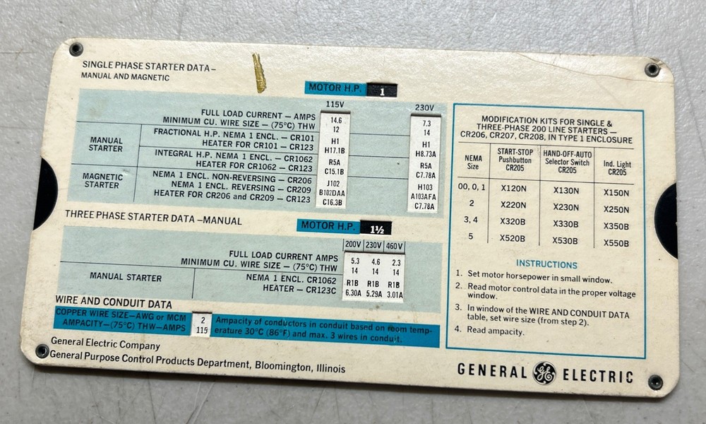 General Electric Motor Control Selector Slide Chart GEN-845 Dated 1974