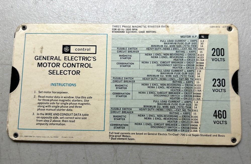 General Electric Motor Control Selector Slide Chart GEN-845 Dated 1974
