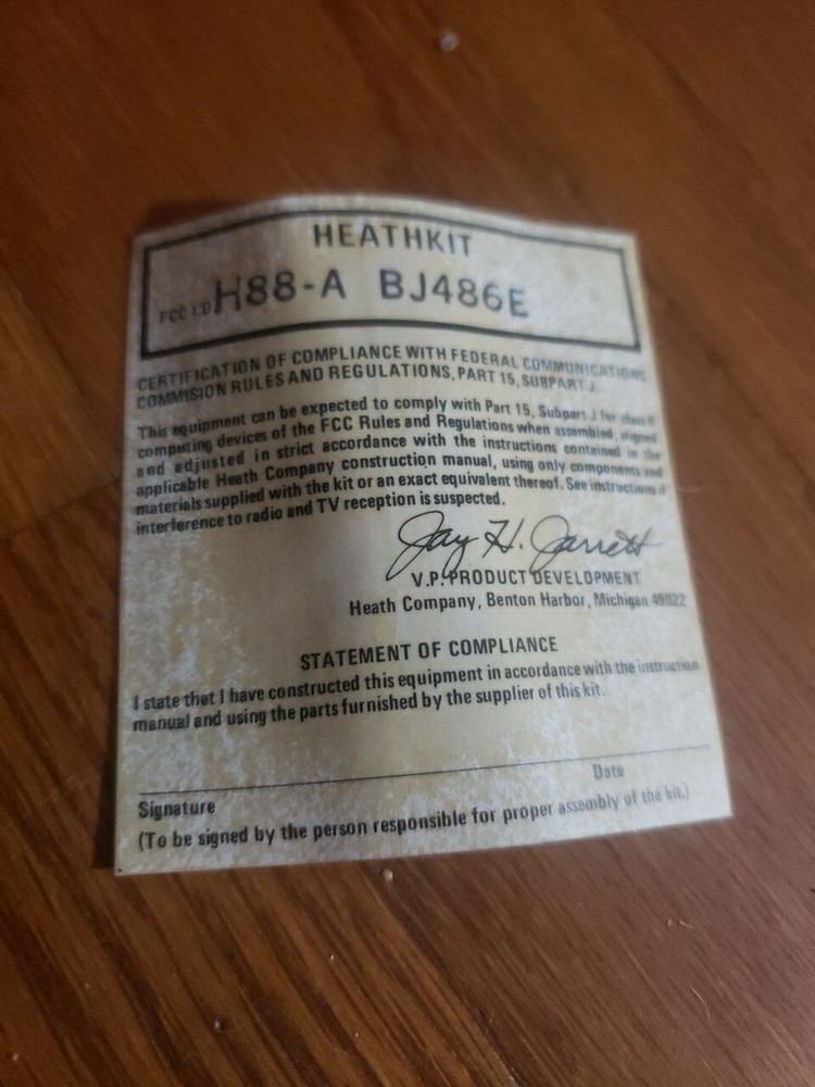 ONE New Heathkit Model H88-A Compliance Label