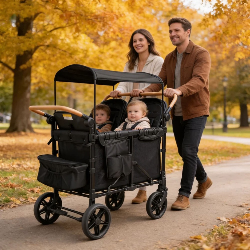 Wagon Stroller 4 Kids Push Pull Quad Collapsible Stroller 330LBS Capacity