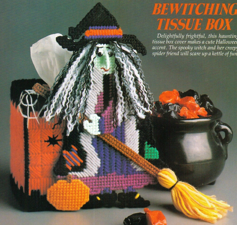 BEWITCHING TISSUE BOX COVER HALLOWEEN PLASTIC CANVAS PATTERN INSTRUCTIONS
