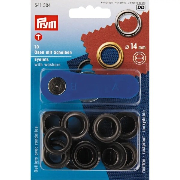 Prym One-Sided Grommets 14mm ID 10 Sets w/ Setting Tool Black