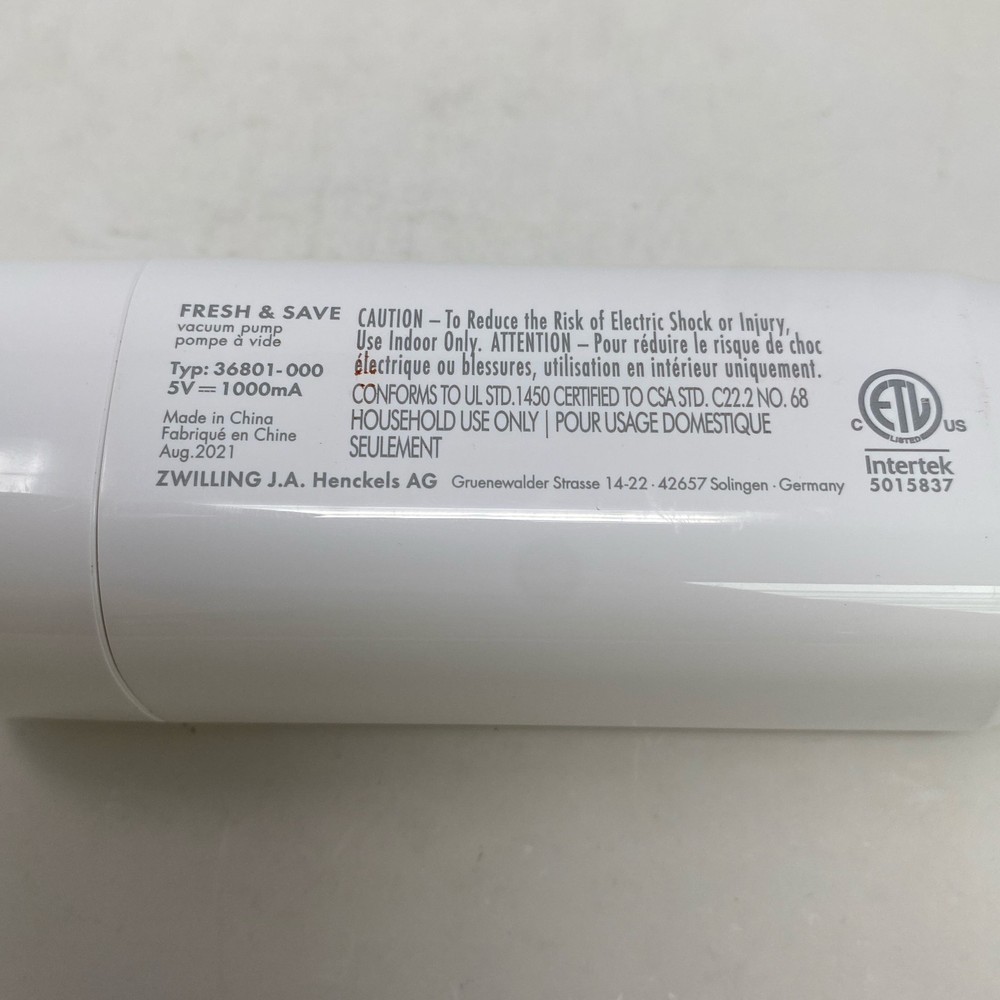 ZWILLING Fresh & Save Handheld Vacuum Pump, White, 7.5in