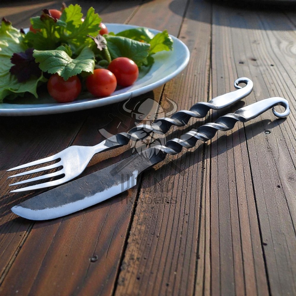 Hand Forged Medieval Iron Knife & Fork Set – Rustic Dining Cutlery