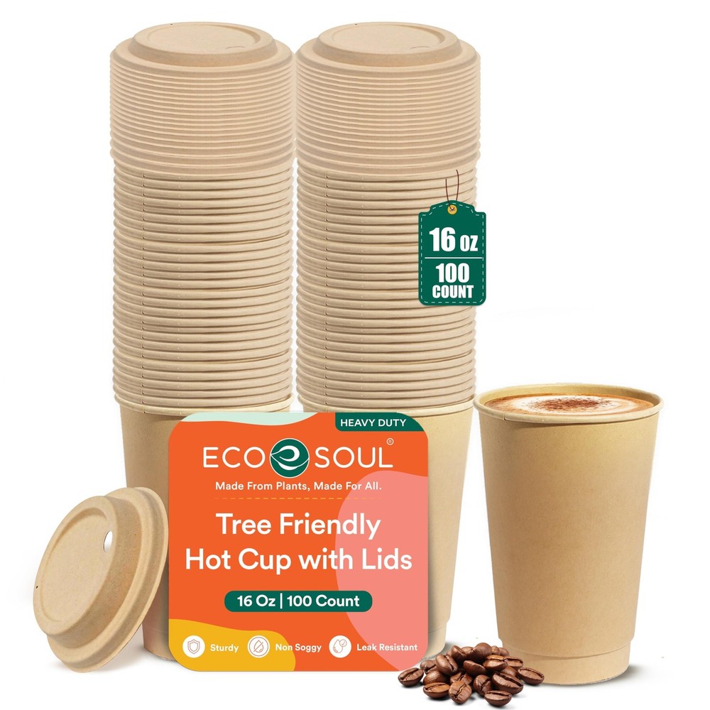 ECO SOUL 100-Pack 16 oz Disposable Compostable Coffee Cups w/ Lids Biodegradable