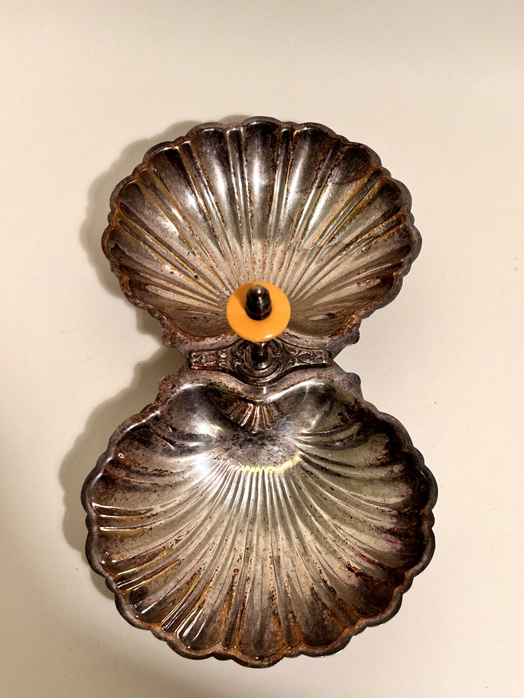 Vintage Silver Plated Double Shell Candy Dish w/ Bakelite Trim Handle