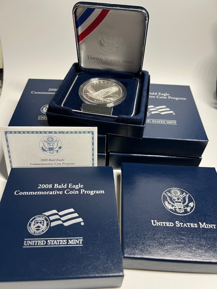 5 SETS- 2008 BALD EAGLE COMMEMORATIVE SILVER PROOF DOLLAR, EA3 US MINT, BOX+COA