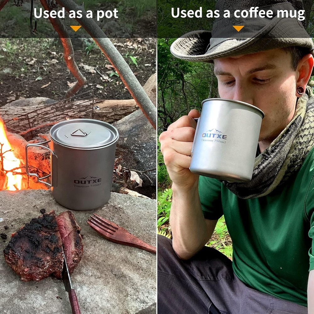 OUTXE Titanium Pot 750ml w/ Lid Ultralight Titanium Mug Foldable Handle