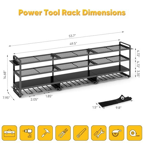 49" W Large Power Tool Organizer Wall Mount, 4 Layer Heavy Duty Loads 49" Width