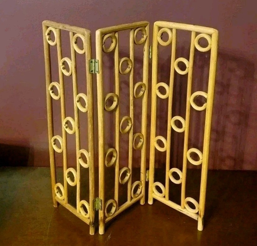 Vintage MCM 12" Small Wood Table Top 3 Panel Geometric Folding Screen Boho Chic