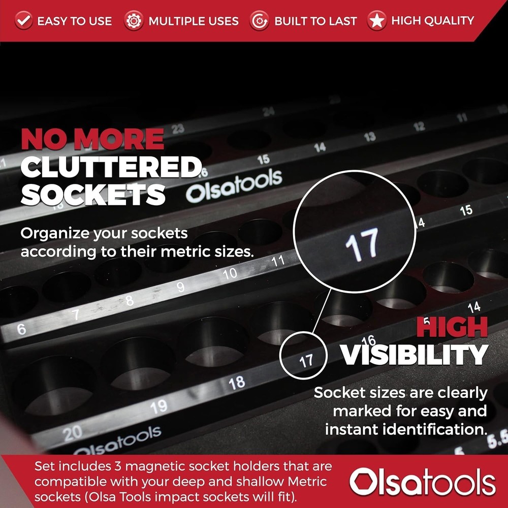 Efficient Magnetic Socket Organizer - 3-Piece Set for Deep & Shallow Sockets