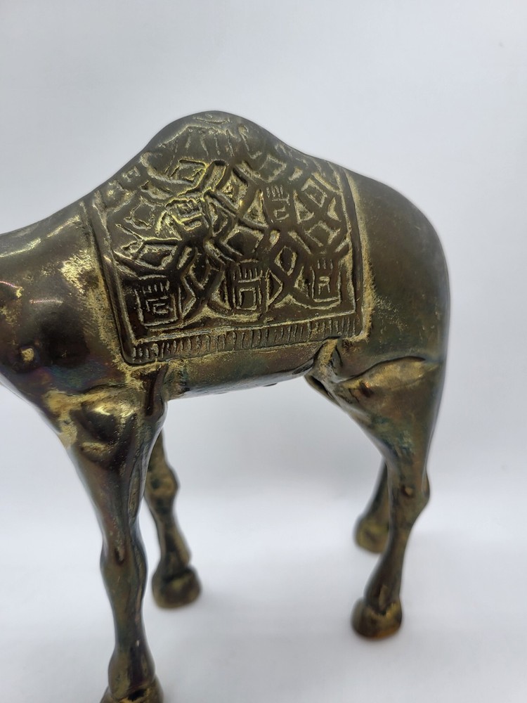 Vintage Solid Brass Camel Statue Figurine w/ Etched Embossed Blanket Design