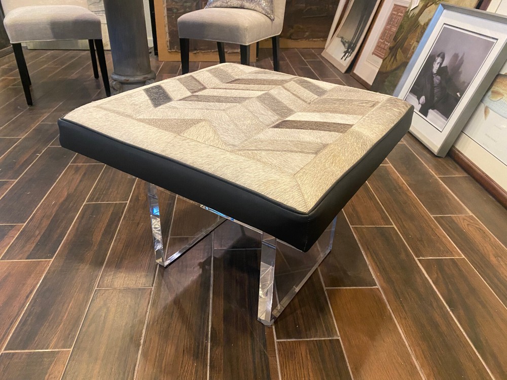 Custom Handmade Patch Cowhide Bench/Stool with Custom Acrylic Base