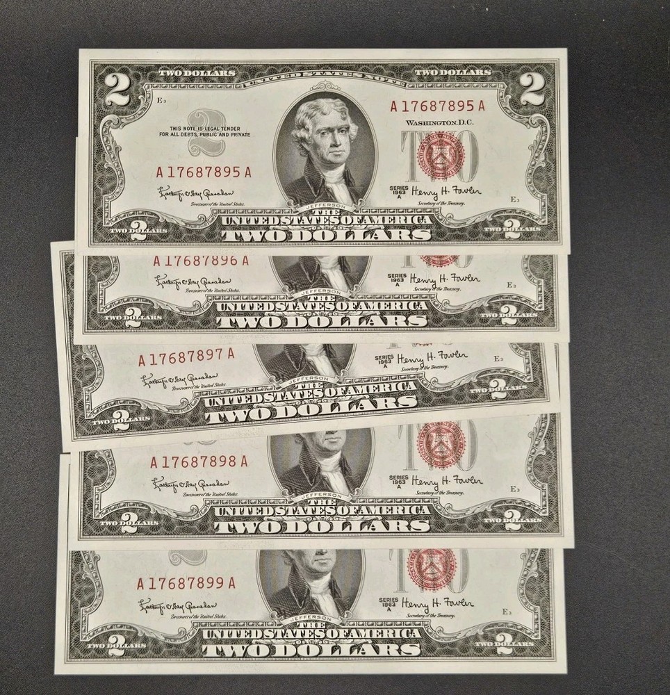 1963-A $2 United States Note (FR1514) | CRISP UNC | 5 Sequential Notes