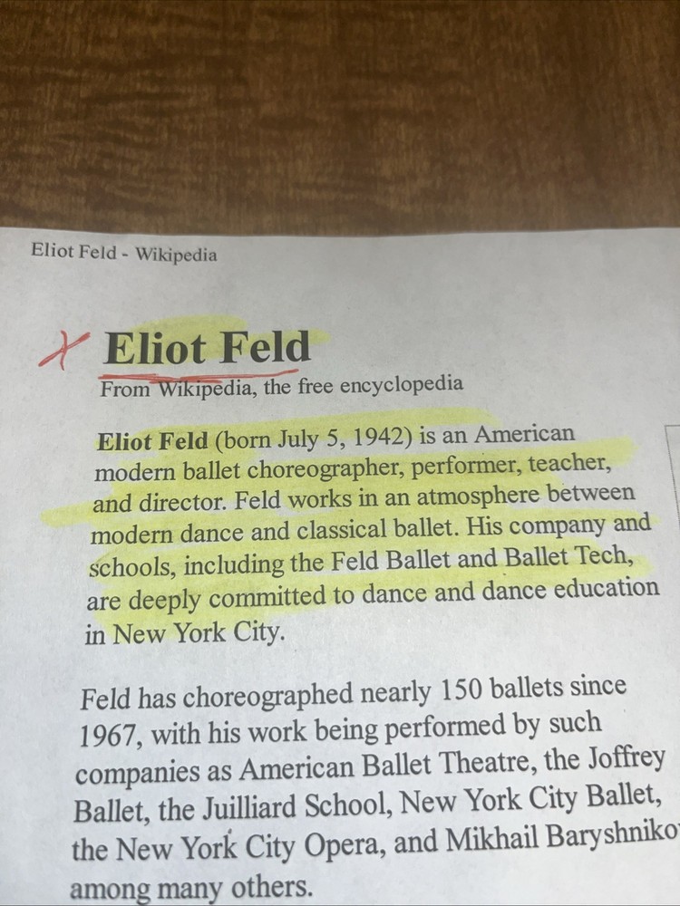 American Modern Ballet Choreographer Elliot Feld Autograph On Program