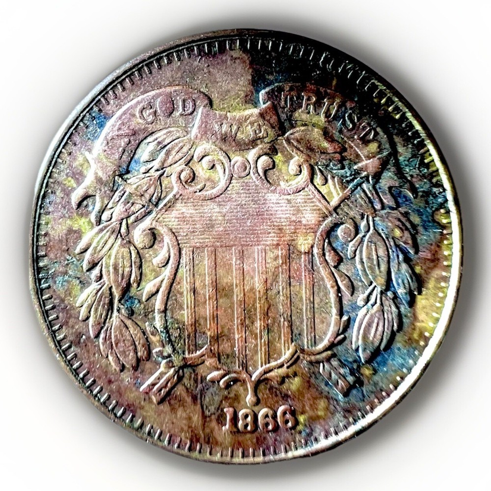 1866 BU 2 Cent Piece With Rare Mint Error Obverse Die Break Solid filled O
