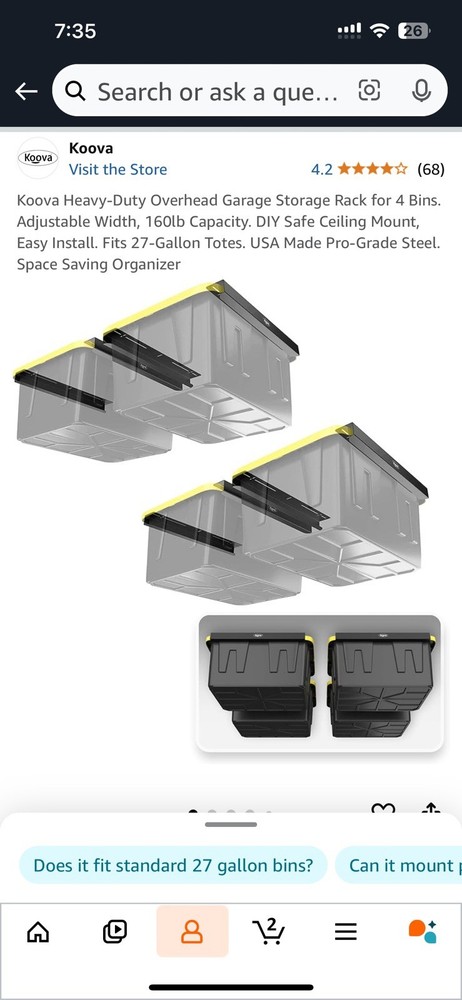 New In Box 4 Bin Koova Ceiling Storage Rack