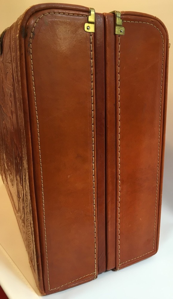 Mid-Century Hand Tooled Leather Suitcase made in Mexico