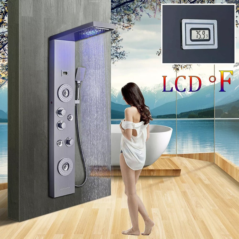 Brushed Shower Panel Tower System LED Rain Waterfall Head Combo Body Massage Jet