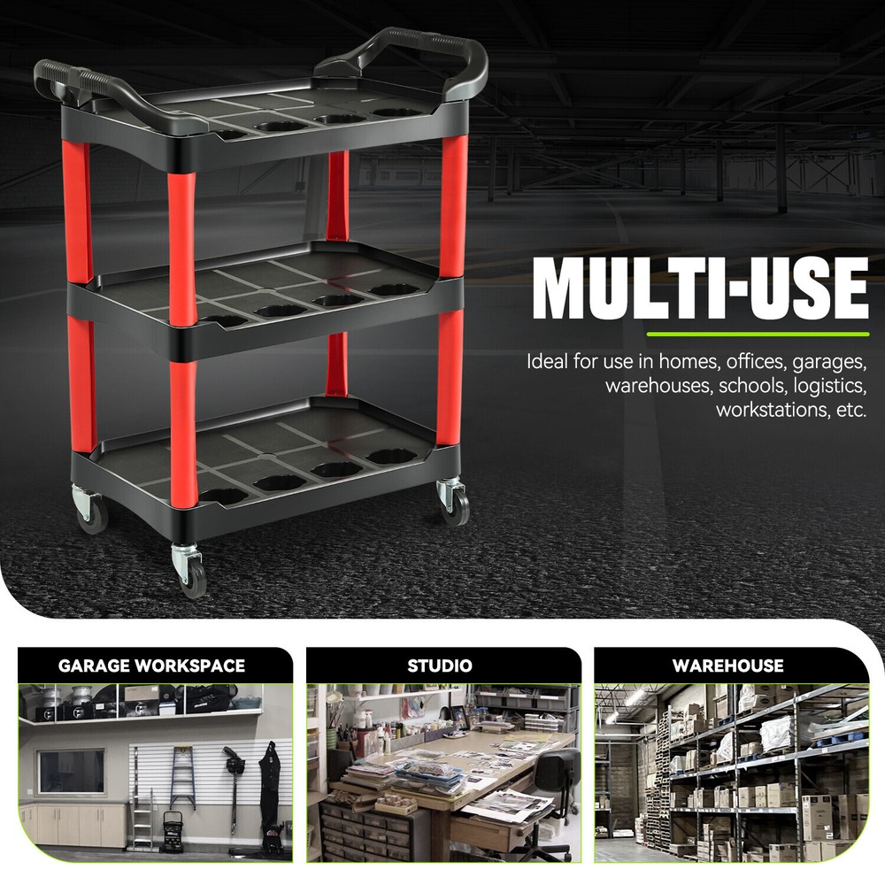 3 Level Composite Workshop Tools Trolley+Casters for Warehouse Garage Office Red