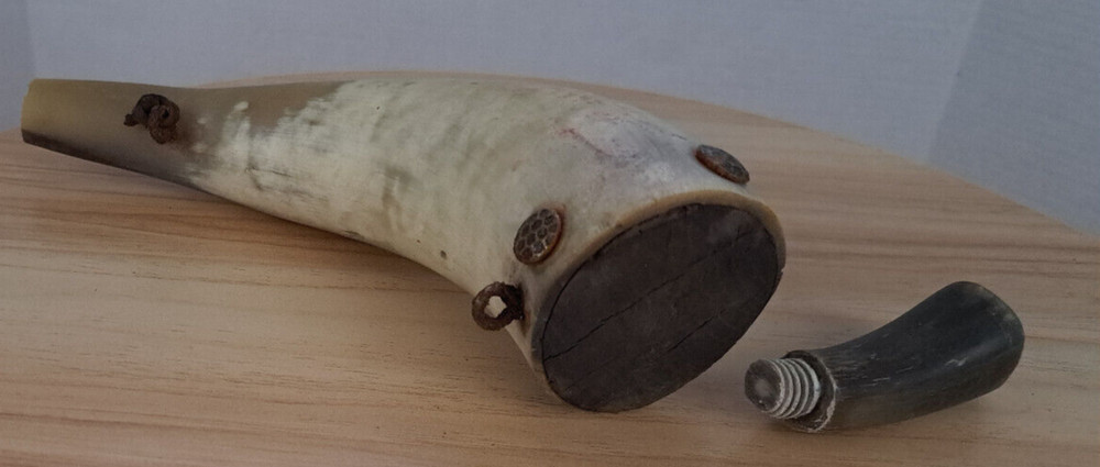 Vintage Black Gun Powder Holder Horn Flask Muzzle Loader