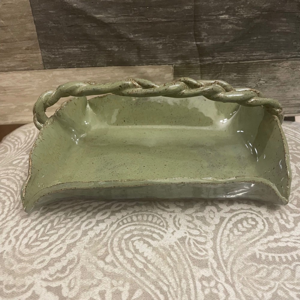 Handmade Studio Pottery Braided Handle Basket Speckled Sage Green Ceramic 8.5"