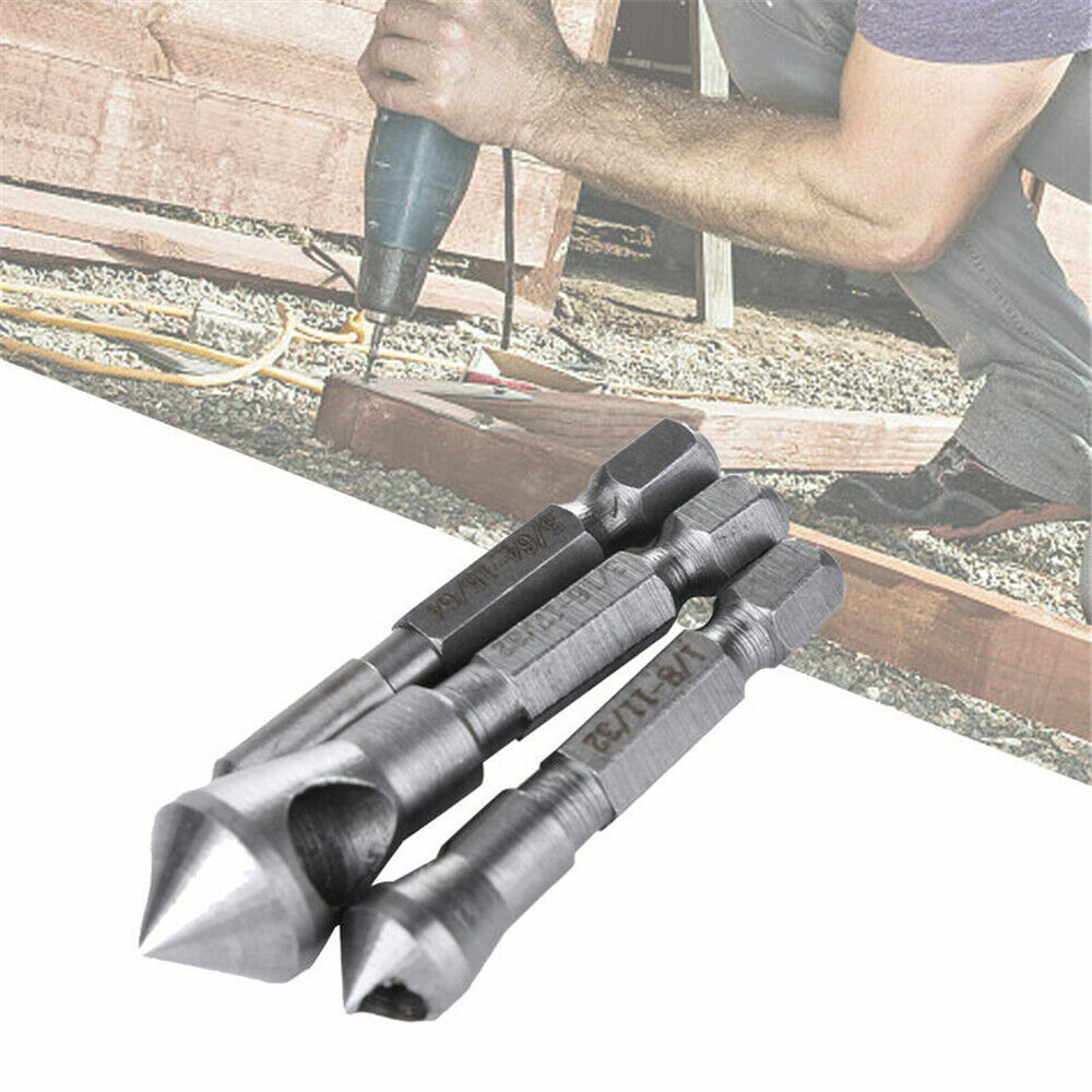 3Pcs Chamfer Countersink Deburring Drill Bits Set Kit Cutting Metal Wood Tool