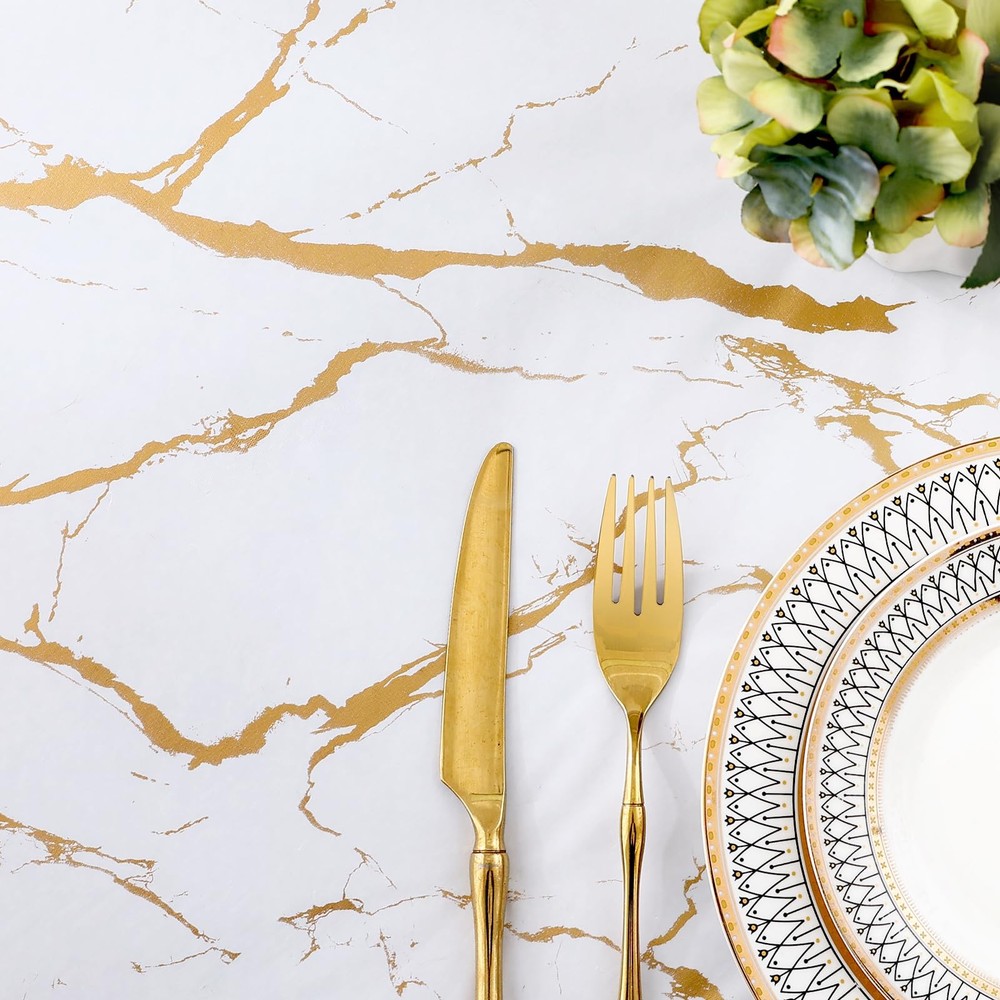 misaya Rectangle Vinyl Flannel Backed 48" x 30" (Rectangular), White and Gold