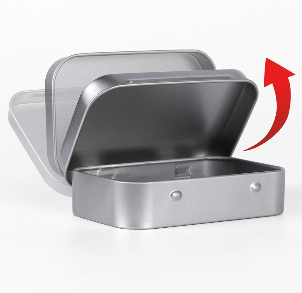 Metal Rectangular Empty Hinged Tins - Pack of 40 Silver Mini Portable Box Small
