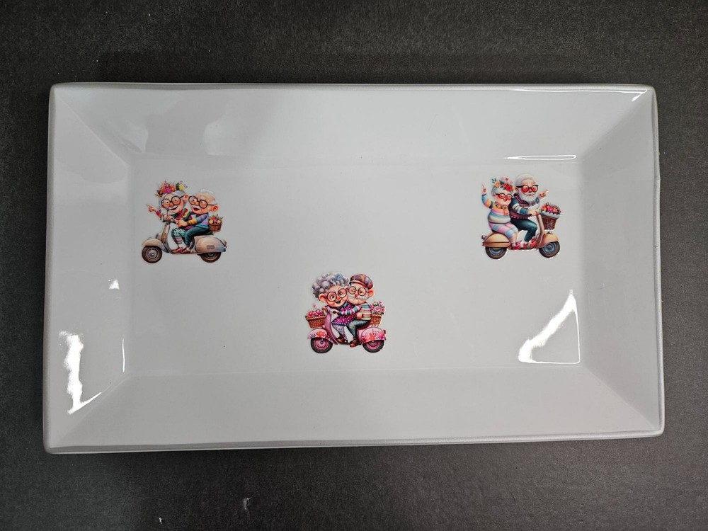 Platter & 4 Plates - Whimsical Fun Applied Images on White Ceramic