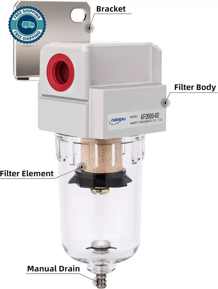 1/4" NPT Compressed Air Line Filter, 5 Micron Brass Element, Bracket, Poly Bowl,