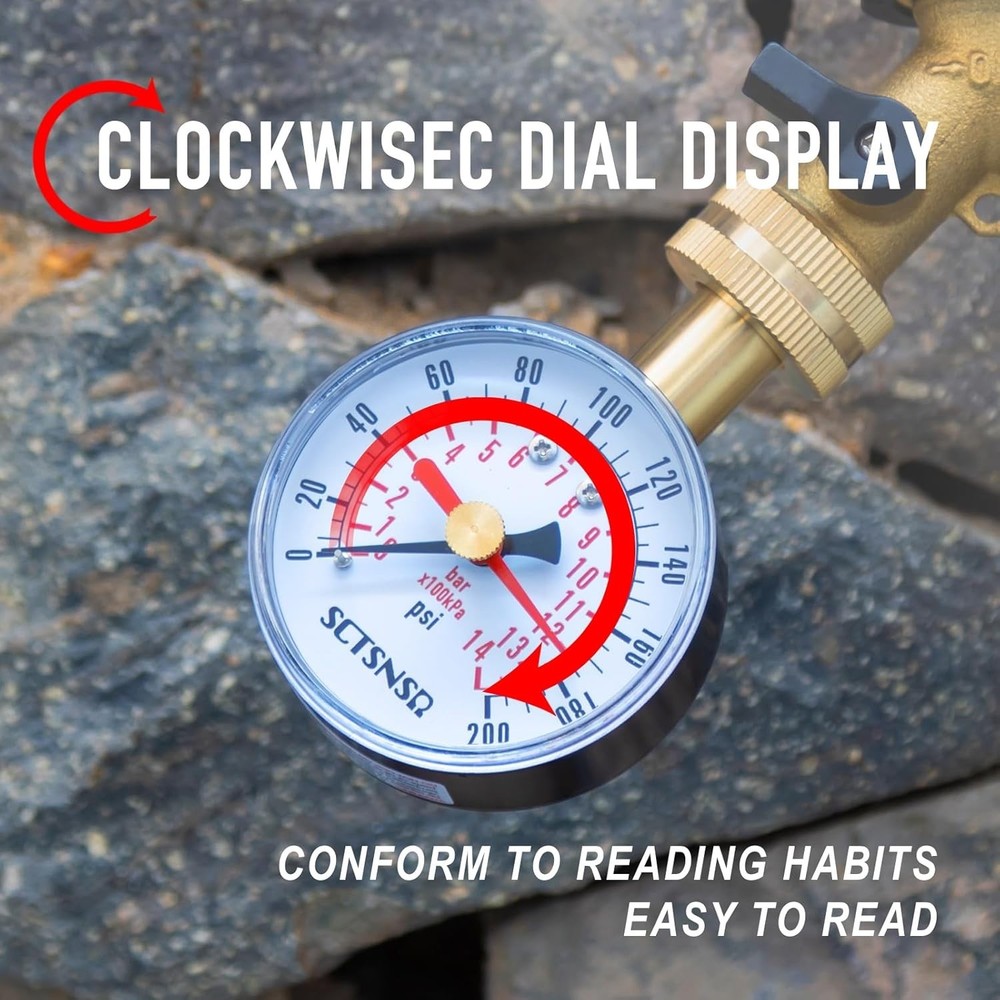 Accurate 0-200 PSI Water Pressure Gauge with Red Max Pointer, 2.5" Dial