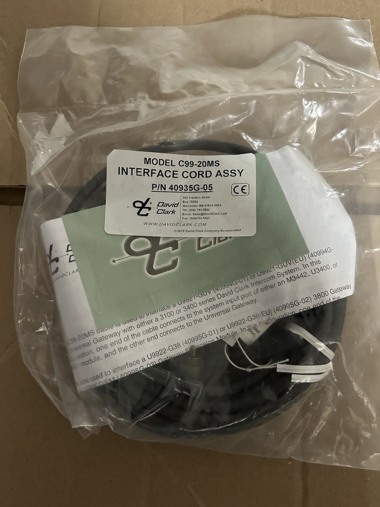 David Clark interface cable wireless  40935G-05 BB C99-20MS