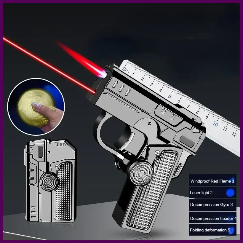 Multi functional folding dual form decompression gyro gun shaped lighter