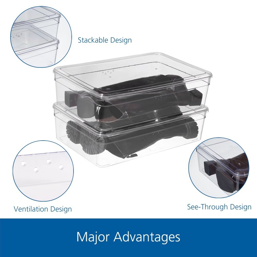 Clear Glossy Plastic Shoe Storage Box with Lid, Stackable Closet Organizer for