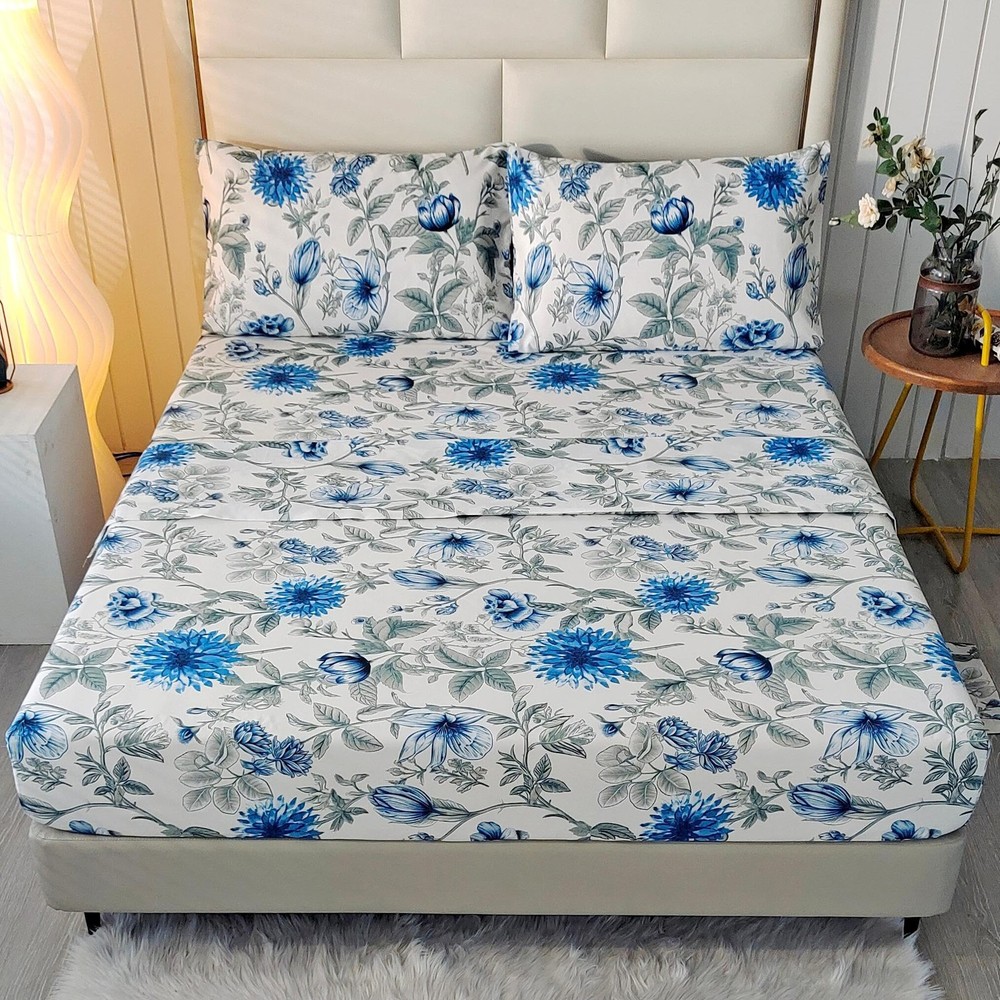 SDIII 4PCS Blue Floral Queen Sheets Set, Soft Microfiber Floral Sheets Queen ...
