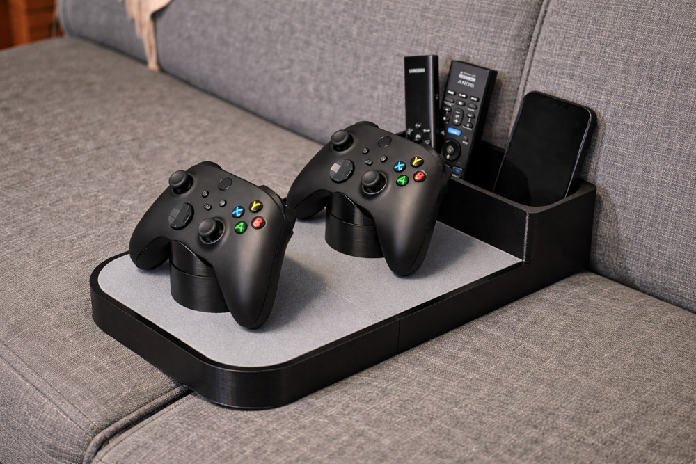 Couch Holder – Remote & Controller Stand with Dual Cup Holders (Black & Gray)