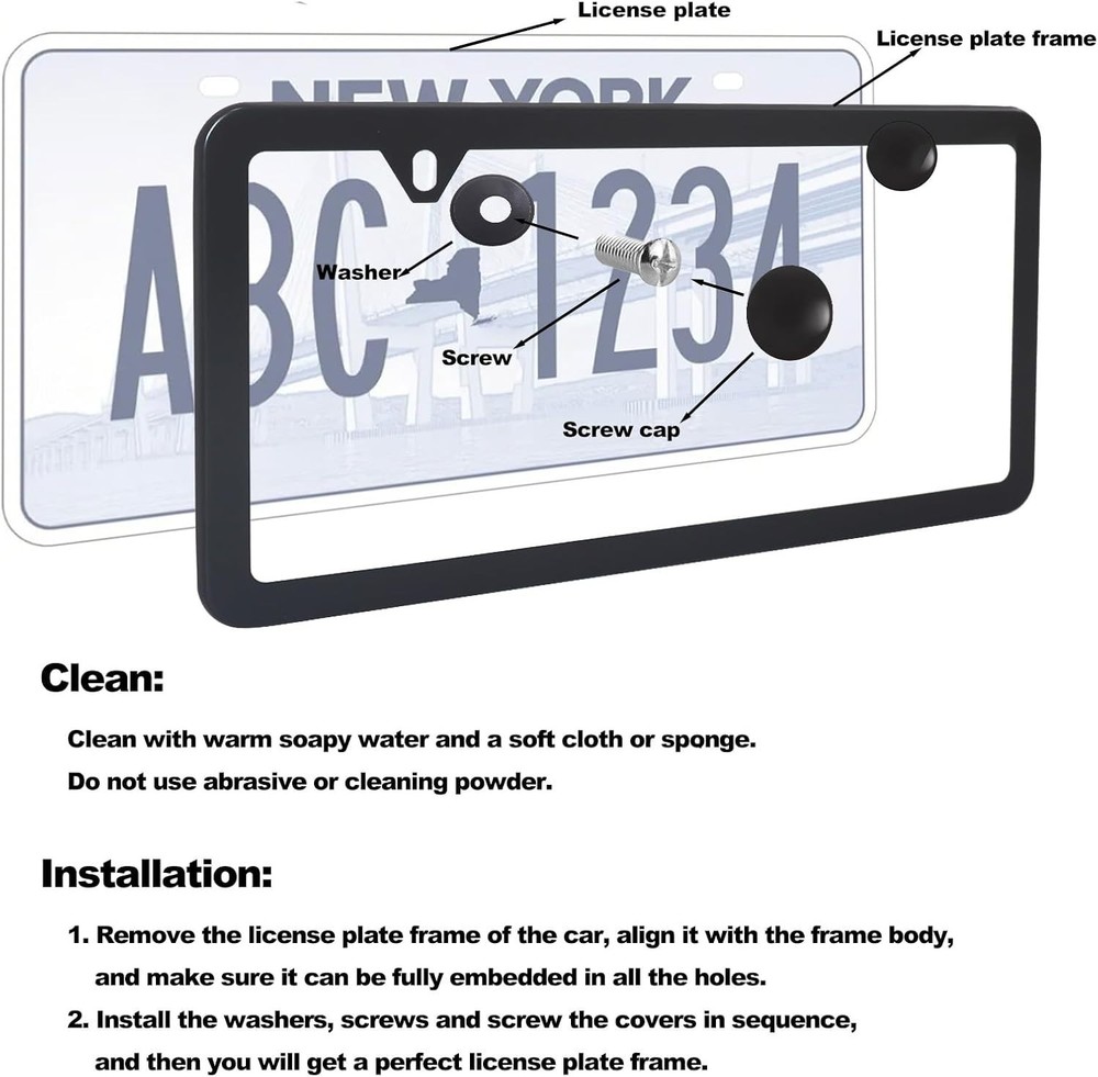 2PCS Premium Matte Black License Plate Frames, 2 Holes Solid RustFree Stainle...