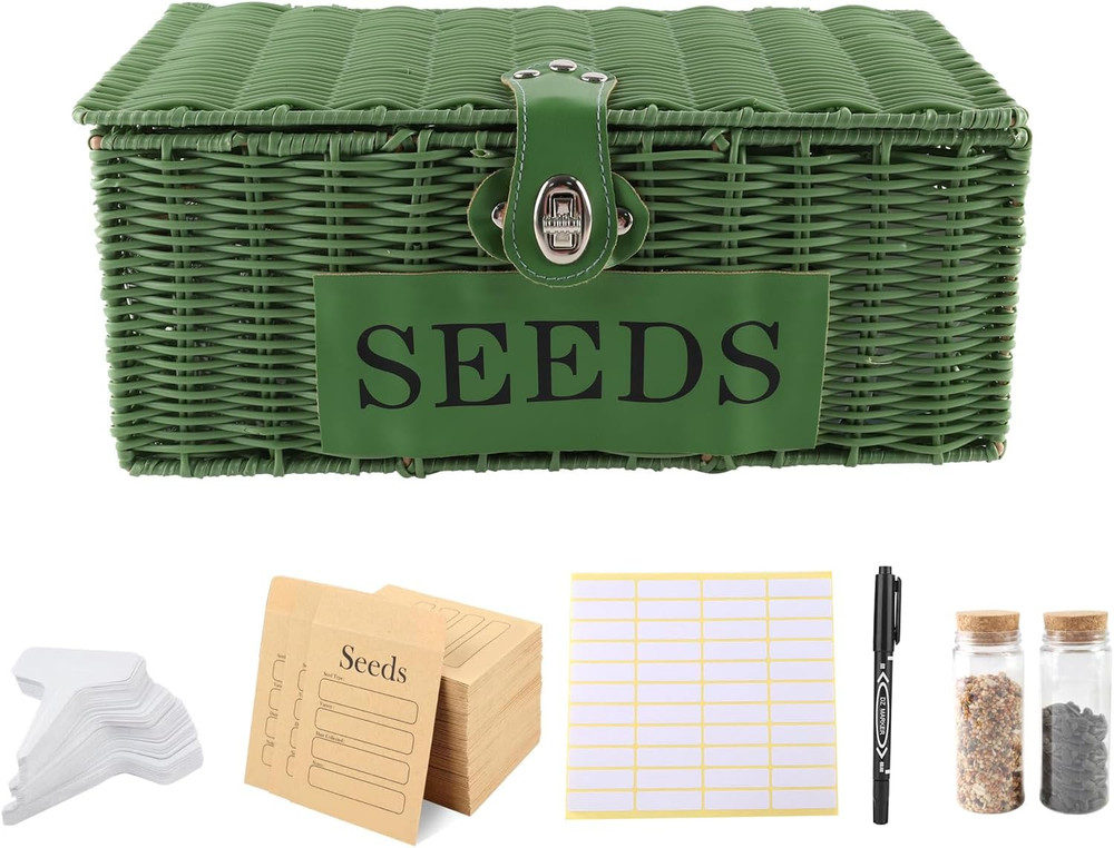 Seed Storage Organizer, 4 Compartment Seed Box with Safety Lock, Poly Wicker Bas