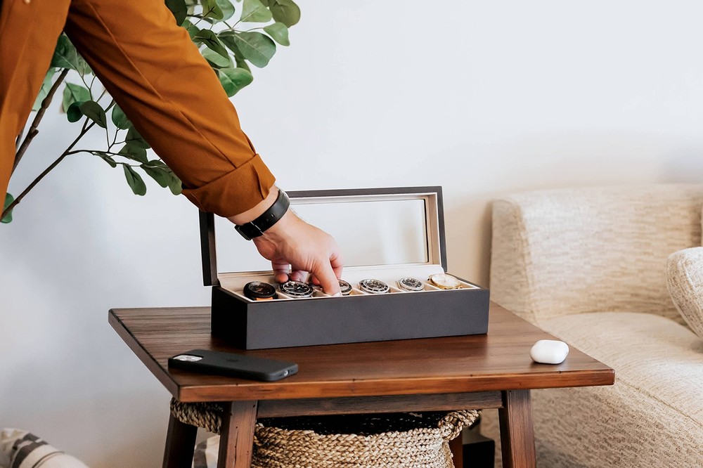 Solid Espresso Wood Watch Box Organizer with Glass Display Top