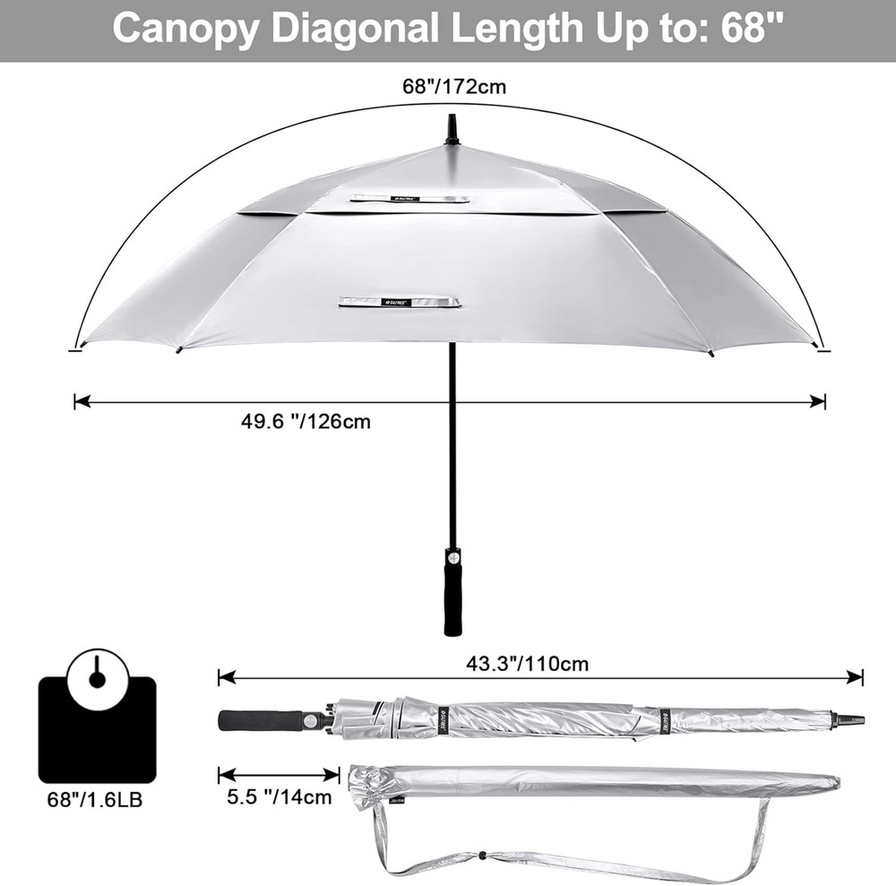 Extra Large Golf Umbrella 62/68 Inch Square Vented Windproof Auto Open Double Ca