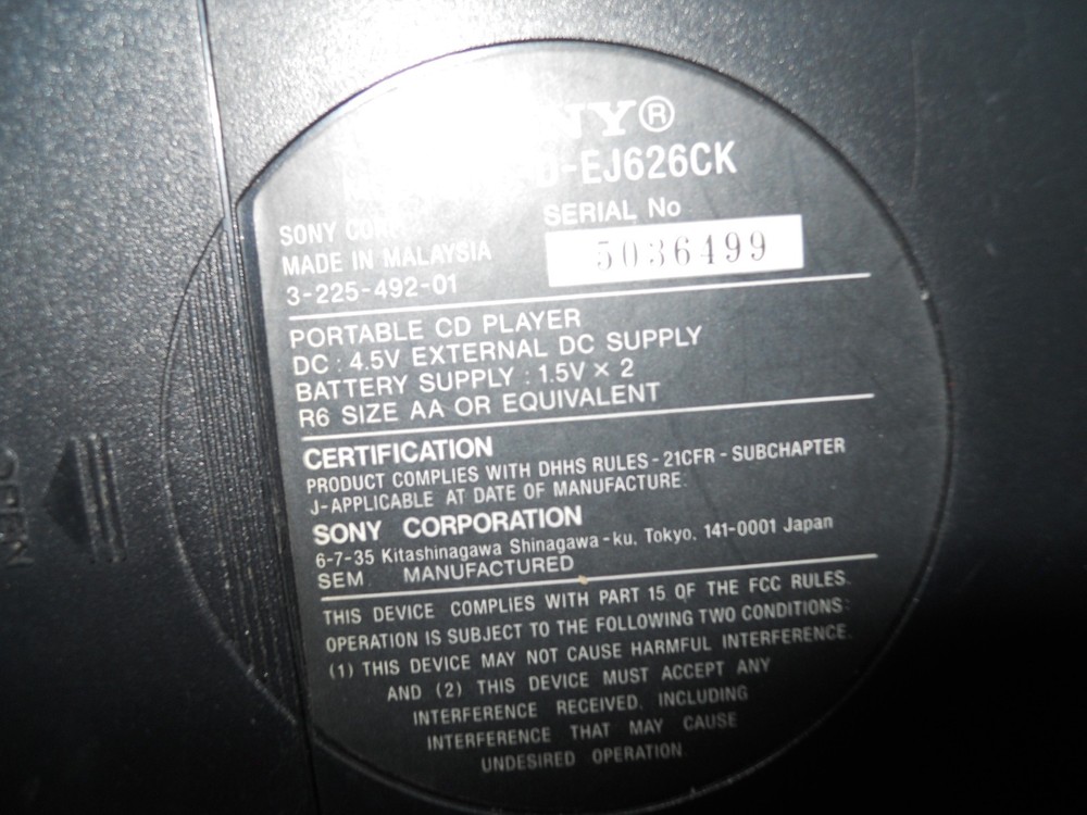 SONY D-EJ626CK Walkman Portable Compact Disc Player. AS-IS.