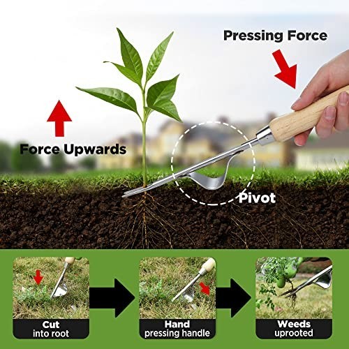 Weed Puller Tool Stainless Steel Hand Weeder V Fork Lever Base Wood Handle