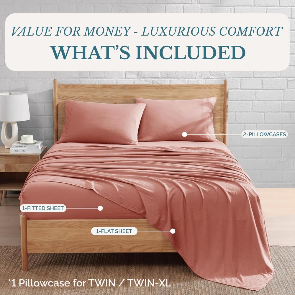 Bedding Sheets & Pillowcases, Pre-Washed Ultra Soft & Breathable Bed Sheets T...