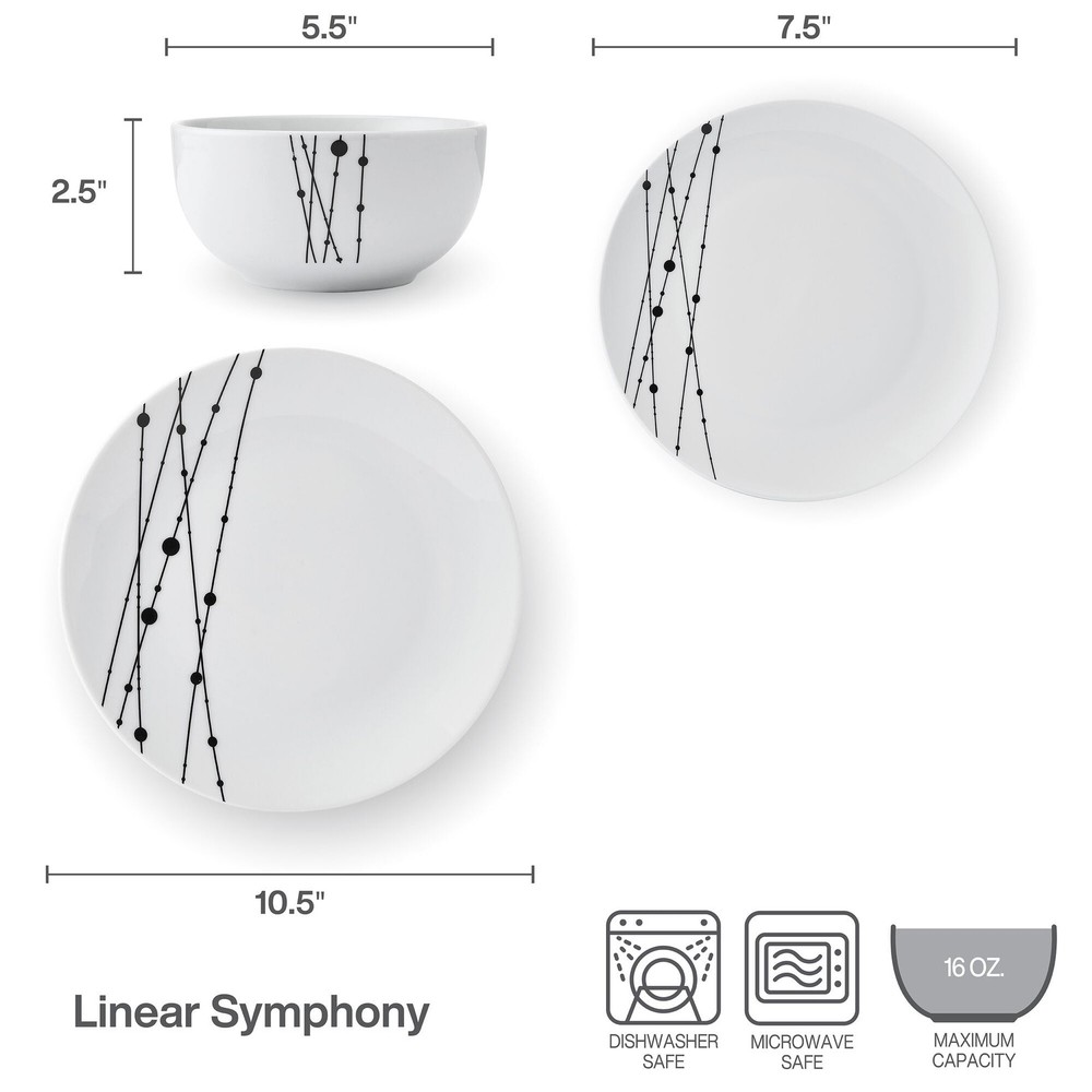 Linear Symphony White Dinnerware Set 12 Piece Porcelain Kitchen Set